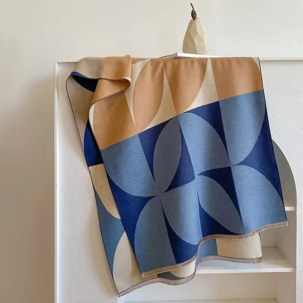 Omkeerbare Sjaal met Geometrisch Blokdesign Warm Zachte Microvezel Poncho voor Herfst en Winter