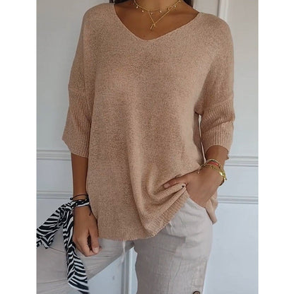 Dames Top Met V-hals Driekwartmouwen Fijngebreid Casual - StudioMarella