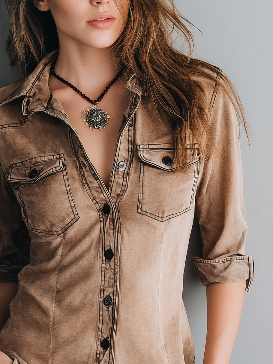 Retro Blouse met Contraststiksels voor Vrouw