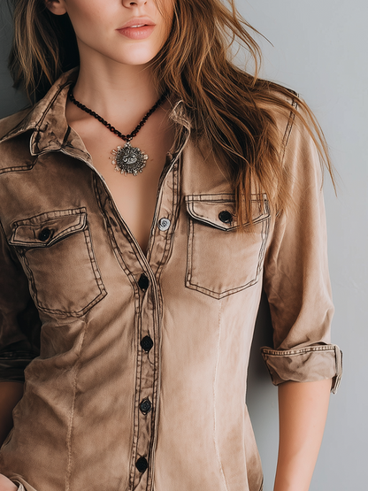 Retro Blouse met Contraststiksels voor Vrouw