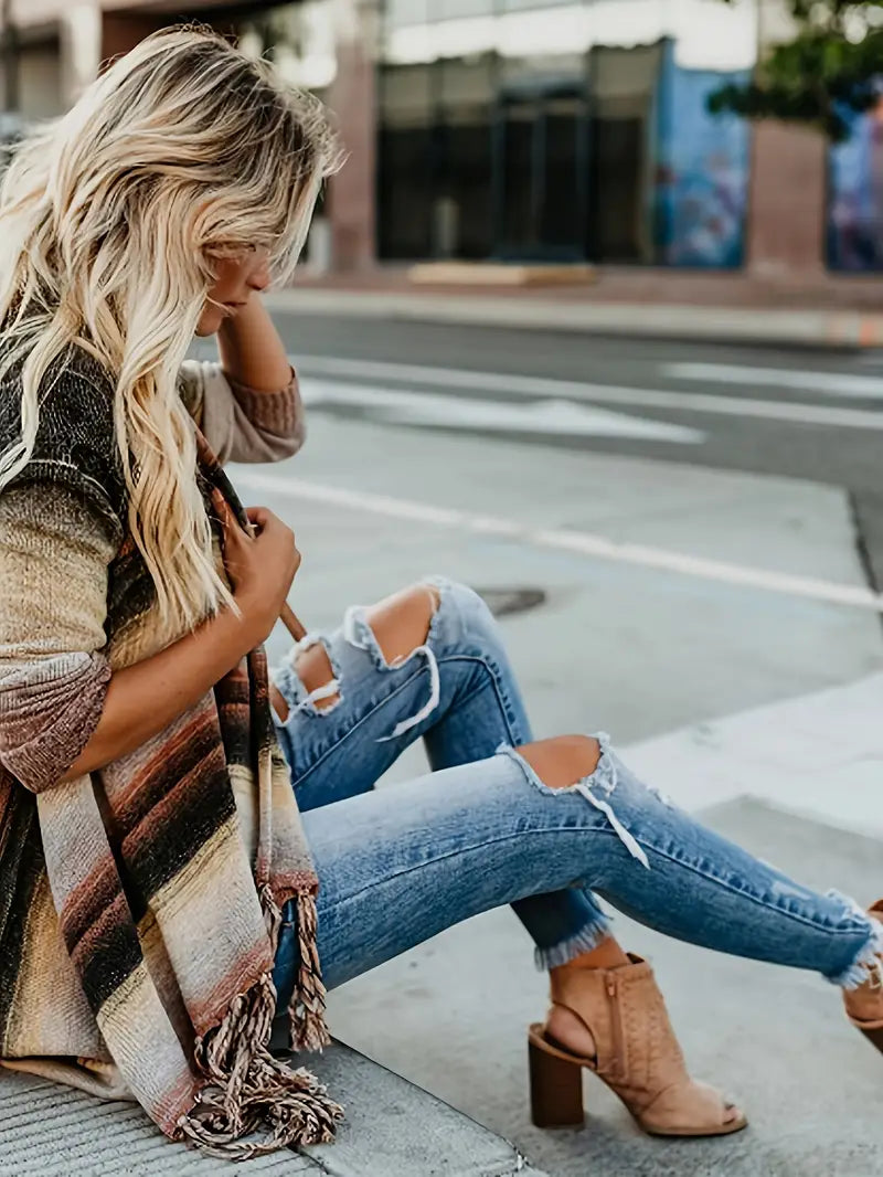 Dames Poncho Vest Gestreept Stijlvol