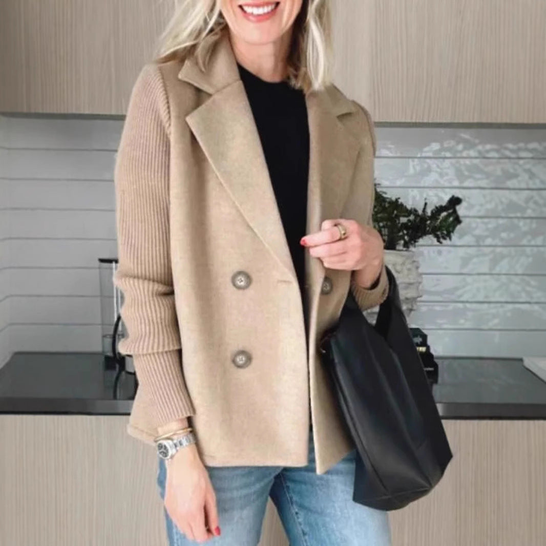 Dames Blazer Wollen Look Gebreide Mouwen Dubbele Knoopsluiting