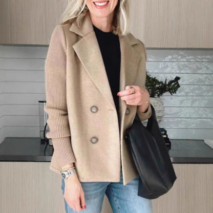 Dames Blazer Wollen Look Gebreide Mouwen Dubbele Knoopsluiting