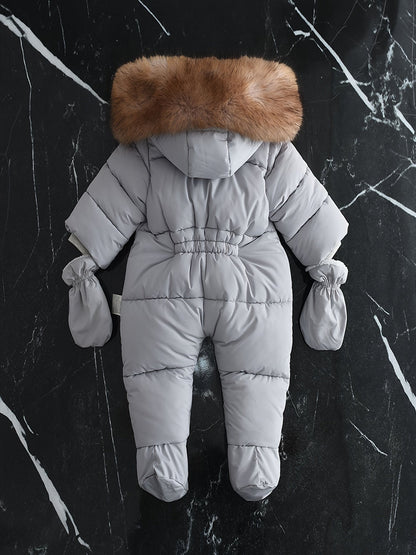 Frosty Baby Romper Gewatteerd Polyester Katoen Capuchon Winter Baby Jumpsuit Faux Bont Handwarmers Buiten