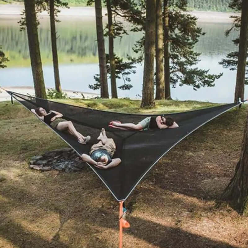 Driehoekige Hangende Camping Relaxmat voor Meerdere Personen – Luchtbed voor 3 Punten met Bevestigingsset 280x280 of 400x400 cm Groen Zwart