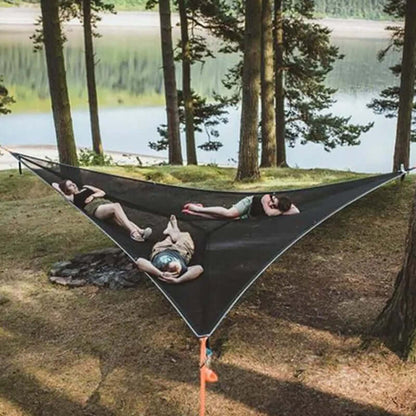 Driehoekige Hangende Camping Relaxmat voor Meerdere Personen – Luchtbed voor 3 Punten met Bevestigingsset 280x280 of 400x400 cm Groen Zwart