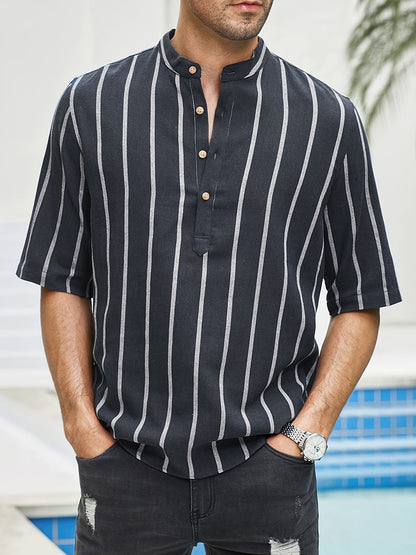 Mannen Zomerhemd Korte Mouwen Strepen Henley Stijl