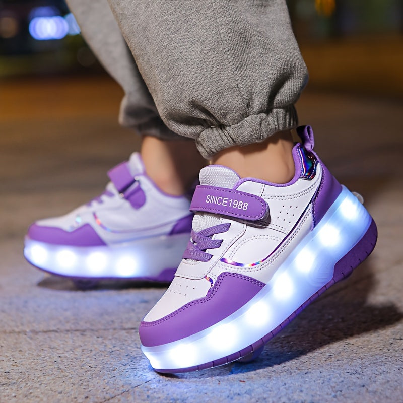 LED Roller Sneakers Kinderen USB Oplaadbaar Paars Met Wieltjes Lichtschoenen Verwijderbare Wielen Sneakers Voor Binnen Buiten