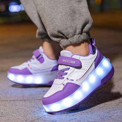 LED Roller Sneakers Kinderen USB Oplaadbaar Paars Met Wieltjes Lichtschoenen Verwijderbare Wielen Sneakers Voor Binnen Buiten