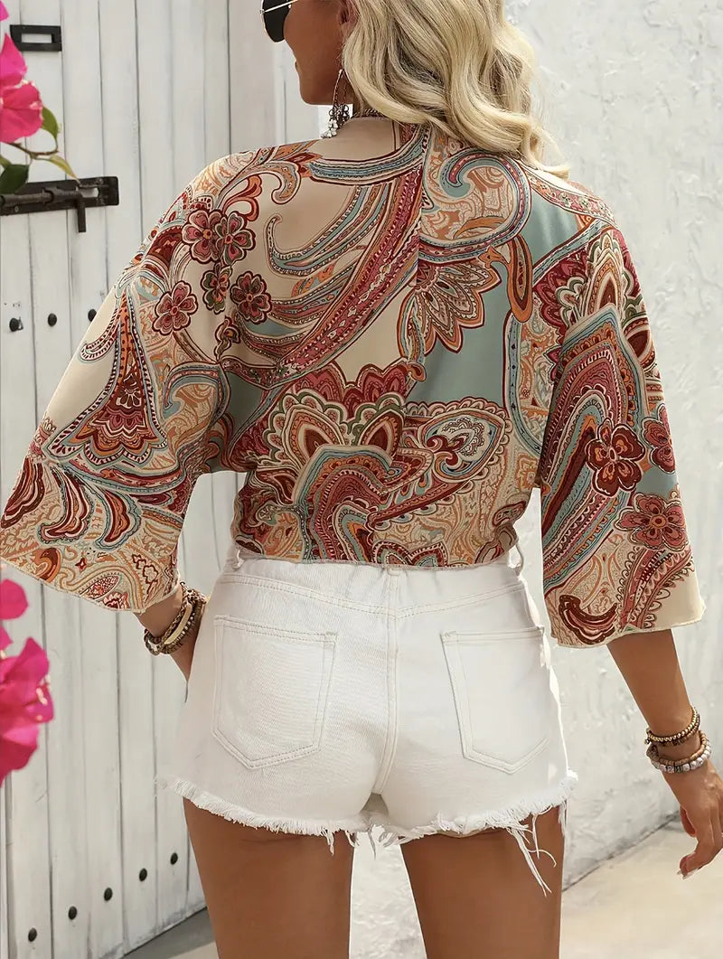 Vrouwelijke Blouse Paisley Knoopsluiting Zomerse Stijl