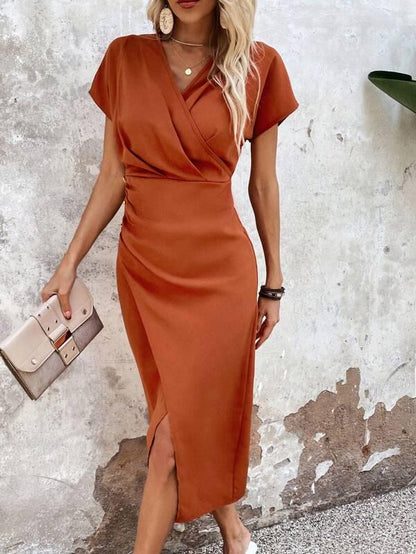 Dames Zomerjurk Satijn Midi V-Hals Elegant
