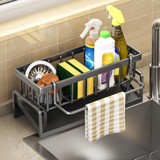 Keuken- en badkamer organizer met automatische afwatering en handdoekhouder