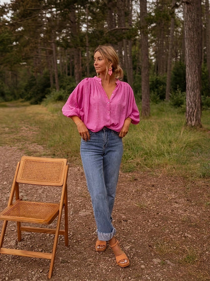 Dames tuniekblouse met v-hals en lange mouwen