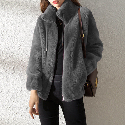 Dames Teddyjas Fleece Met Rits en Opstaande Kraag Warm en Trendy
