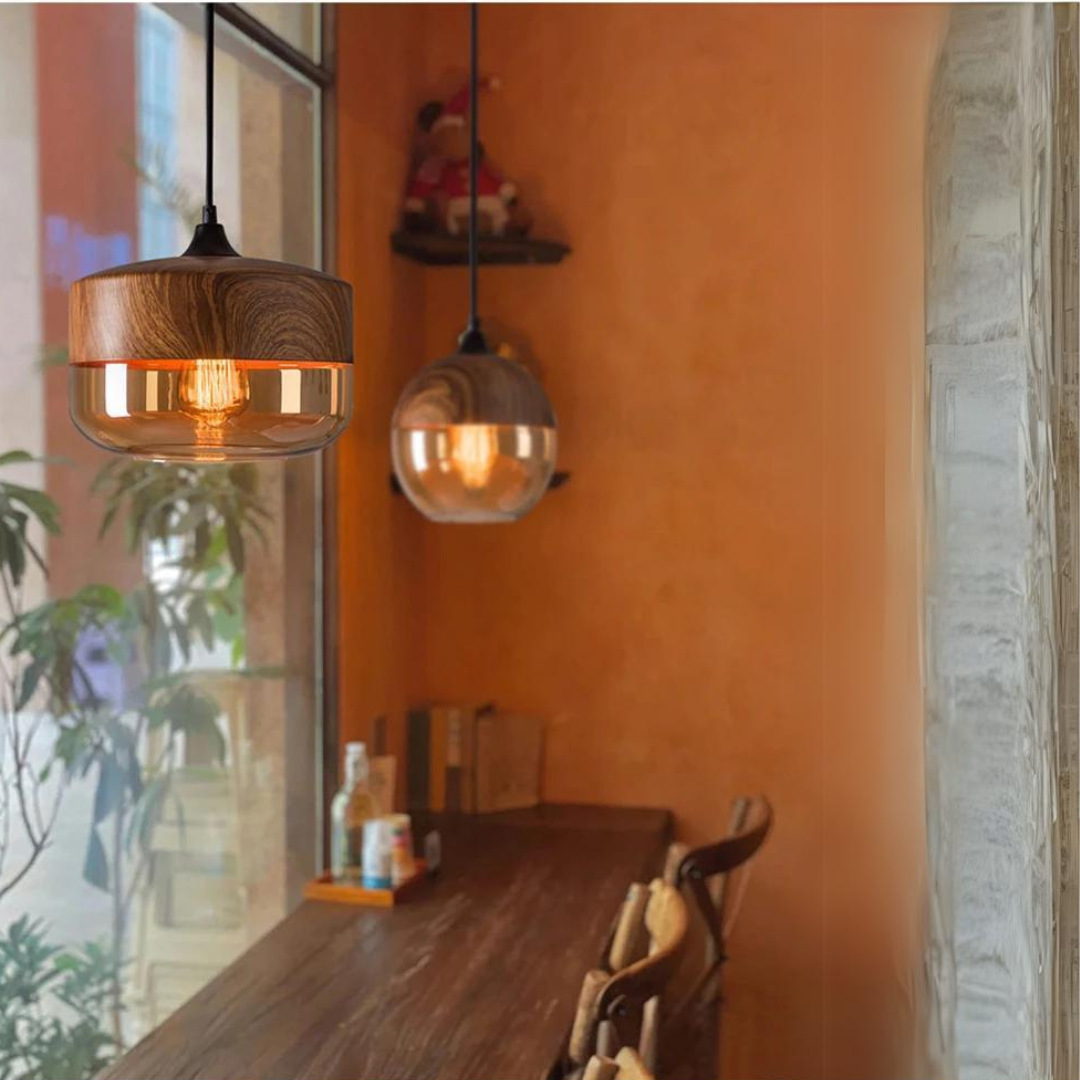 Hanglamp Glas Metaal Houtlook E27 Verstelbaar Woonkamer Eetkamer Slaapkamer Scandinavische Design Lamp Binnenverlichting