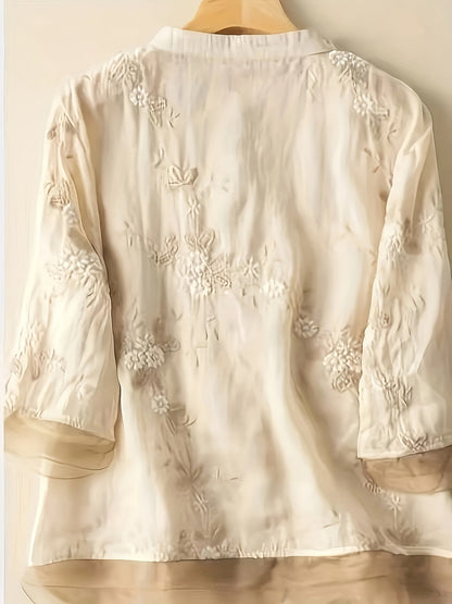 Bloemen Blouse met Geborduurde Knopen Vrouwelijke Stijl