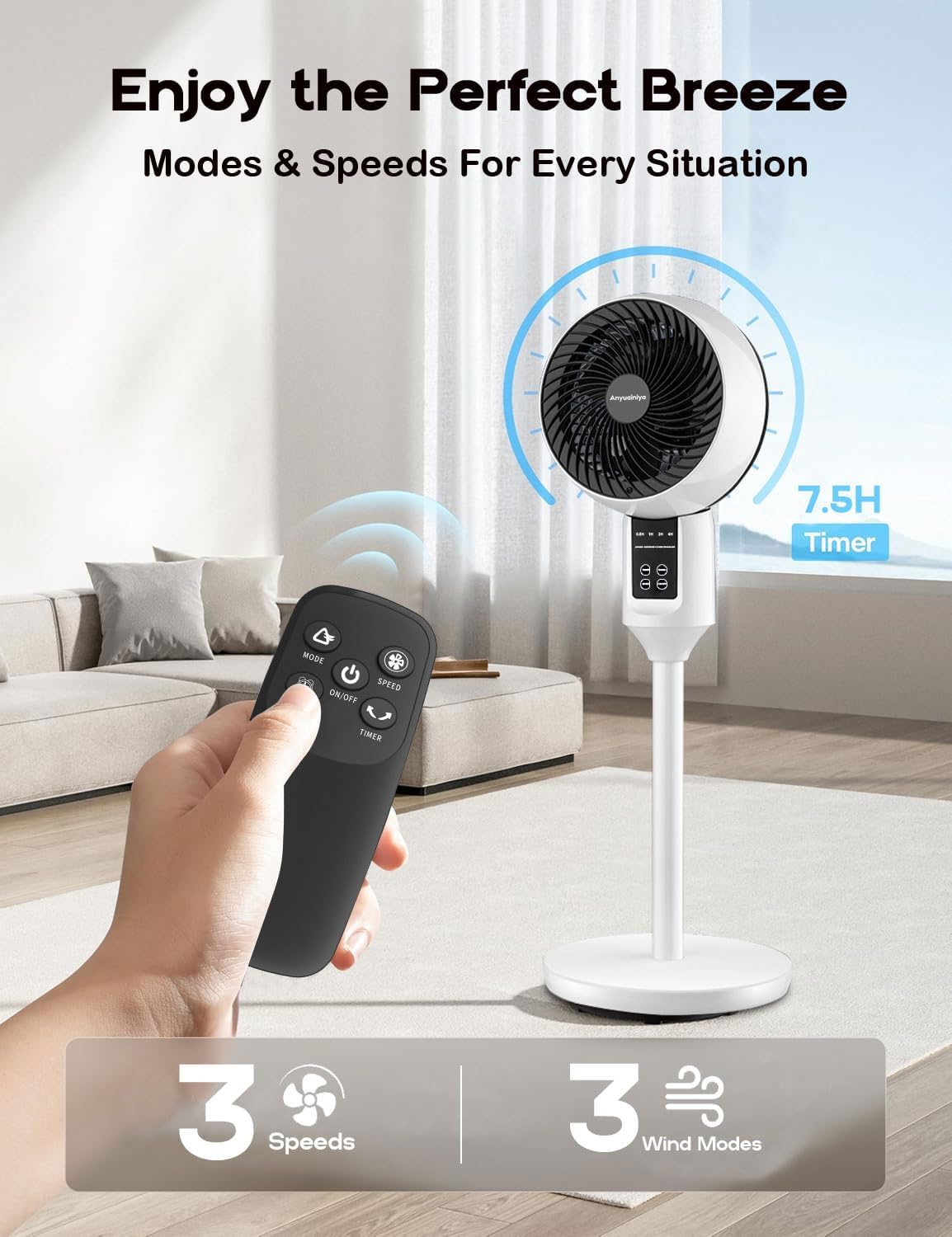 Staande Ventilator met 3D Oscillatie Afstandsbediening Stil Verstelbaar 3 Standen Timer Koeling Luchtcirculatie