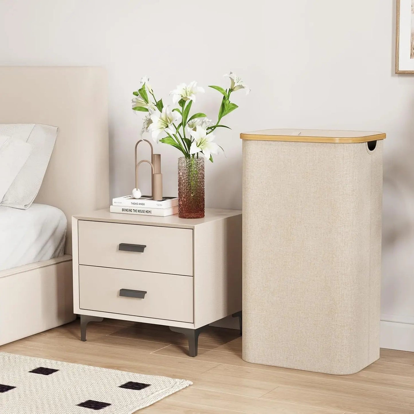 Opvouwbare Wasmand met Deksel 100L Bamboe Handvatten Beige Grijs Zwart Polyester Grote Capaciteit Wasbox