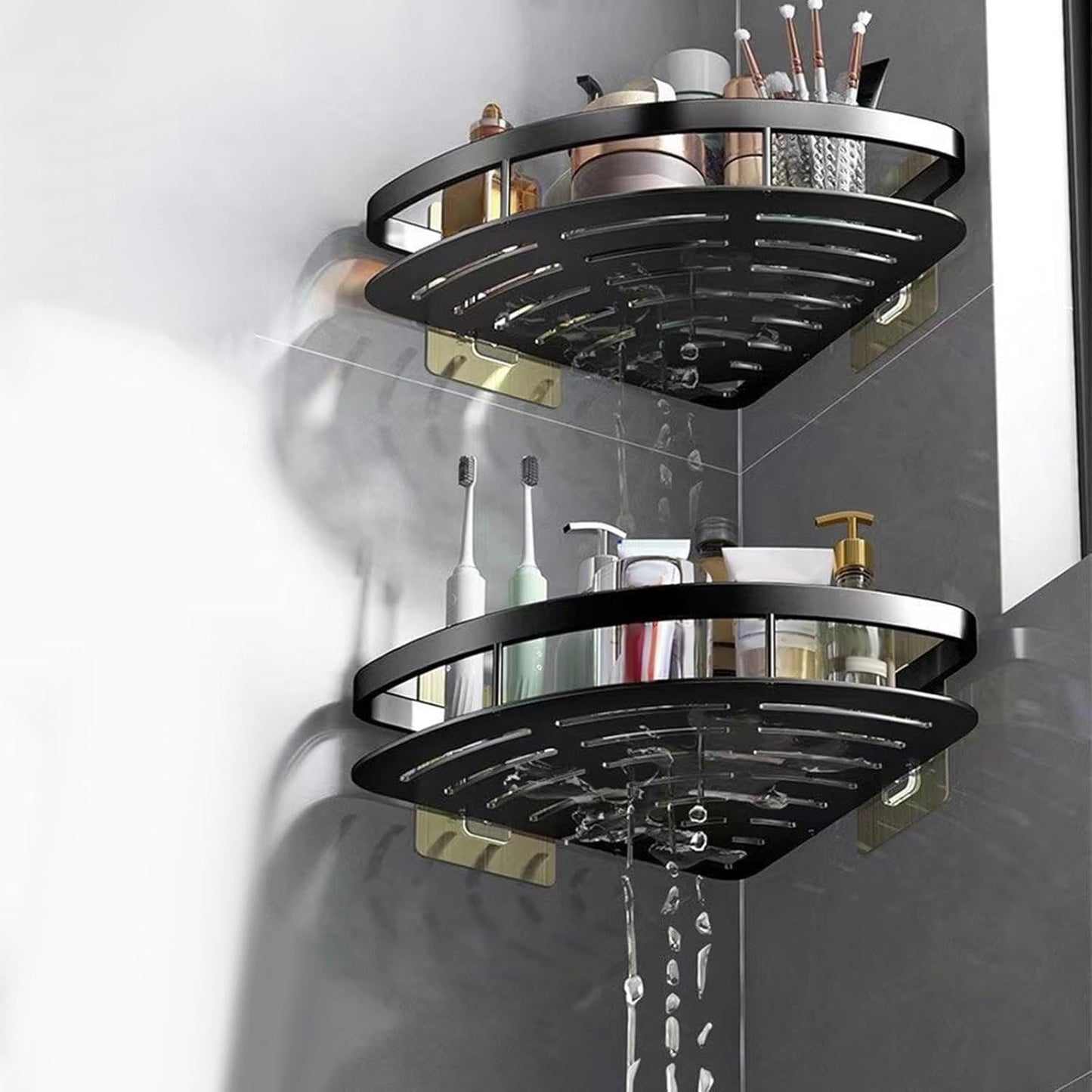 Aluminium Hoekplank voor Douche en Badkamer zonder Boren met Sterke Kleefpad Zwart Zilver