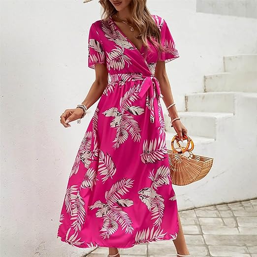 Vrouwelijke Jurk Hoge Taille met Ceintuur Tropisch Bloemenprint - StudioMarella