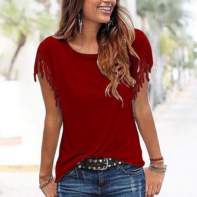 Vrouwen Blouse Zomerse Stijl met Kwastjes en Korte Mouwen