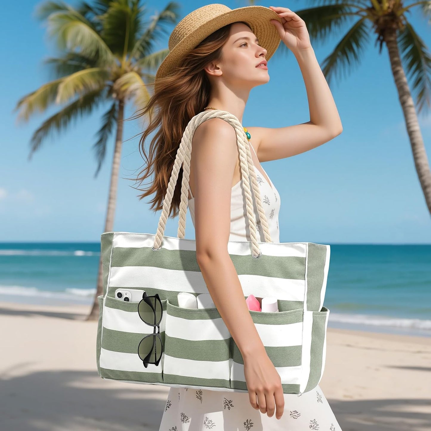 Strandtas XXL Canvas met Rits Waterdicht 7 Vakken Zandvrij Zwembadtas Reistas Shopper Schoudertas voor Vakantie