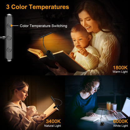 Oplaadbare Leeslamp met 19 LEDs – 3 Kleurtemperaturen & 5 Helderheidsniveaus – Flexibele Nek Verstelbaar – Klemontwerp voor Boek & E-reader – USB-C – Ideaal voor Nachtelijk Lezen