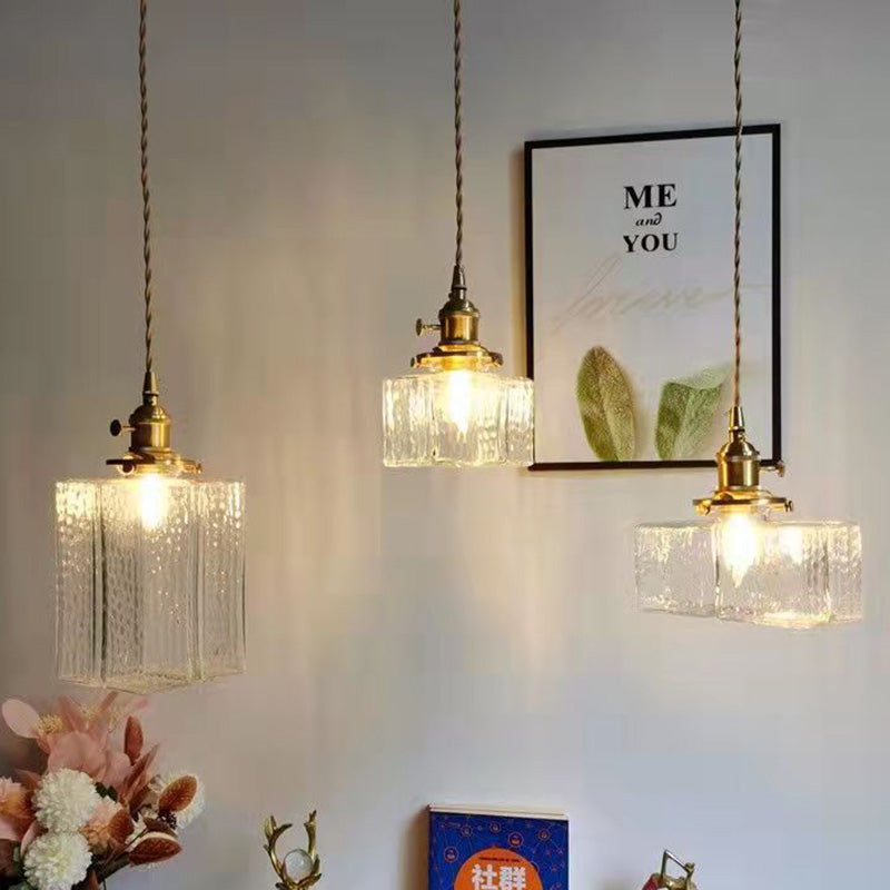 Vintage Hanglamp met Gegolfd Glas & IJzeren Armatuur – Vierkant/Rechthoekig – Scandinavisch Design voor Woonkamer