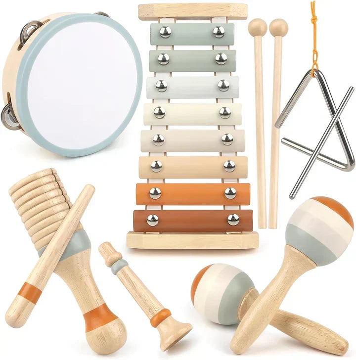 Montessori Muziekinstrumentenset voor Peuters – Educatief Speelgoed met Xylofoon, Tamboerijn, Shaker & Trommel