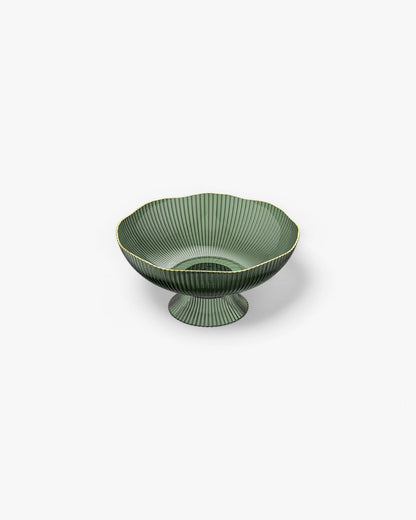 Fruitschaal op Voet met Goudrand Geribbeld Keramiek Transparant Groen Grijs voor Tafelcenterpiece Interieur