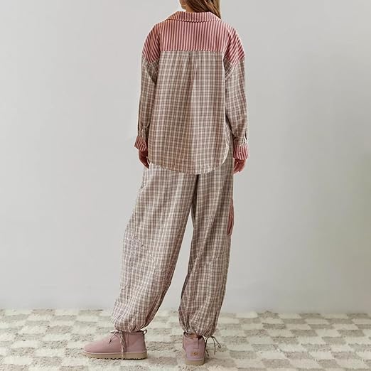 Vrouwelijke Pyjamaset Geruit Casual Losse Delen