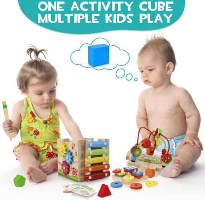 8-in-1 Houten Activiteitenkubus voor Peuters – Montessori Ontdekkubus met Xylofoon & Kralenframe