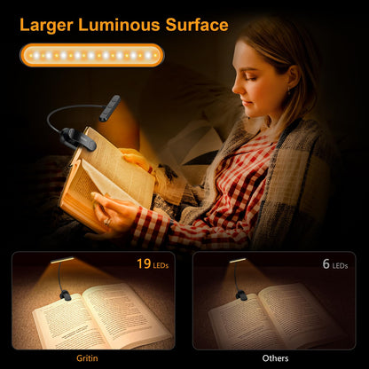 Oplaadbare Leeslamp met 19 LEDs – 3 Kleurtemperaturen & 5 Helderheidsniveaus – Flexibele Nek Verstelbaar – Klemontwerp voor Boek & E-reader – USB-C – Ideaal voor Nachtelijk Lezen