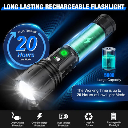 Zaklamp 100000 Lumen LED Tactisch Oplaadbaar Zoombaar Powerbank IPX5 Waterdicht