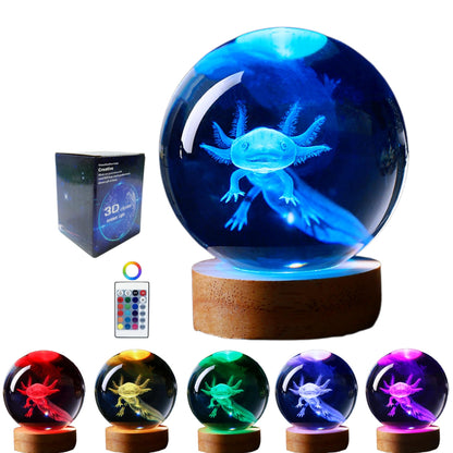 3D Kristal Axolotl Sfeer Lamp met Houten Basis - 16 Kleuren Lichtmodus - Ø8cm Kristallen Bol met LED Verlichting
