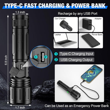 Zaklamp 100000 Lumen LED Tactisch Oplaadbaar Zoombaar Powerbank IPX5 Waterdicht