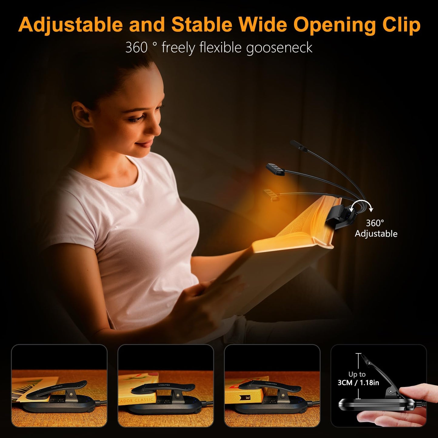 Oplaadbare Leeslamp met 19 LEDs – 3 Kleurtemperaturen & 5 Helderheidsniveaus – Flexibele Nek Verstelbaar – Klemontwerp voor Boek & E-reader – USB-C – Ideaal voor Nachtelijk Lezen