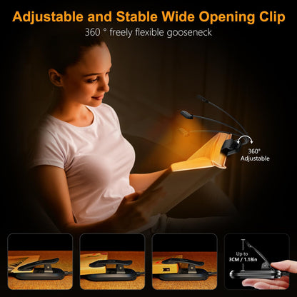 Oplaadbare Leeslamp met 19 LEDs – 3 Kleurtemperaturen & 5 Helderheidsniveaus – Flexibele Nek Verstelbaar – Klemontwerp voor Boek & E-reader – USB-C – Ideaal voor Nachtelijk Lezen