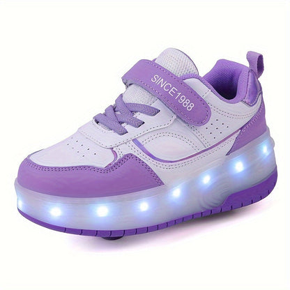 LED Roller Sneakers Kinderen USB Oplaadbaar Paars Met Wieltjes Lichtschoenen Verwijderbare Wielen Sneakers Voor Binnen Buiten