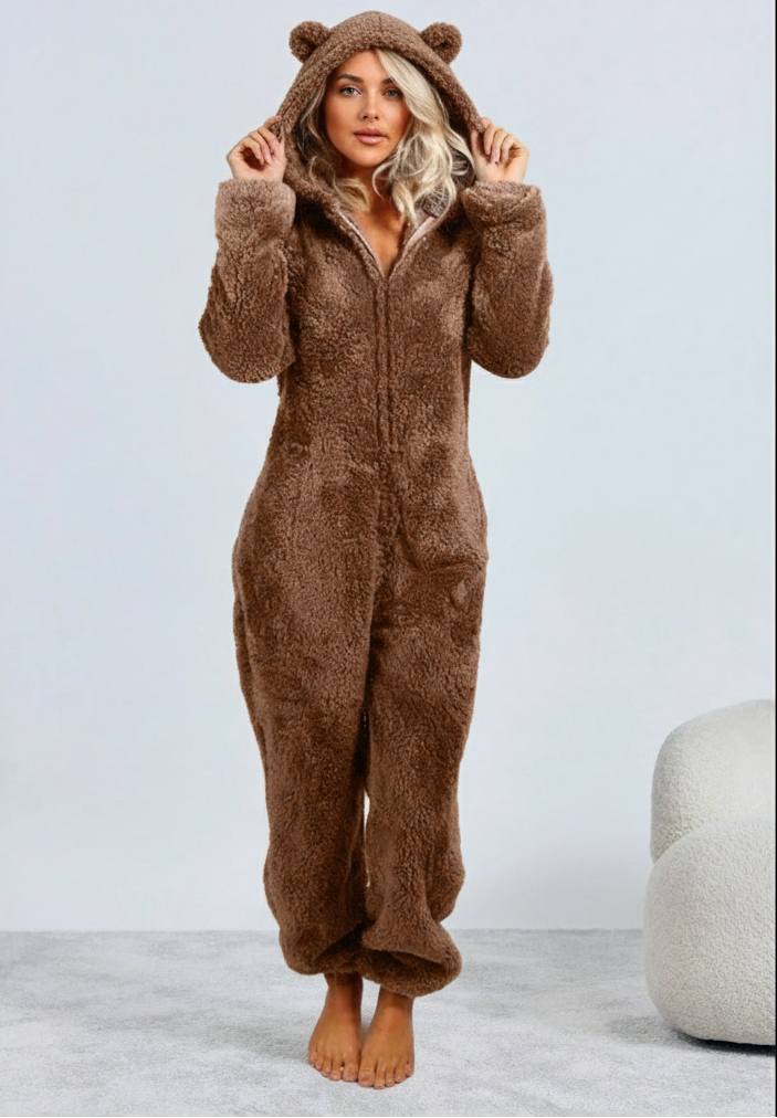 Dames Teddy Onesie Zacht met Beren Oortjes Comfortabele Pyjama - StudioMarella