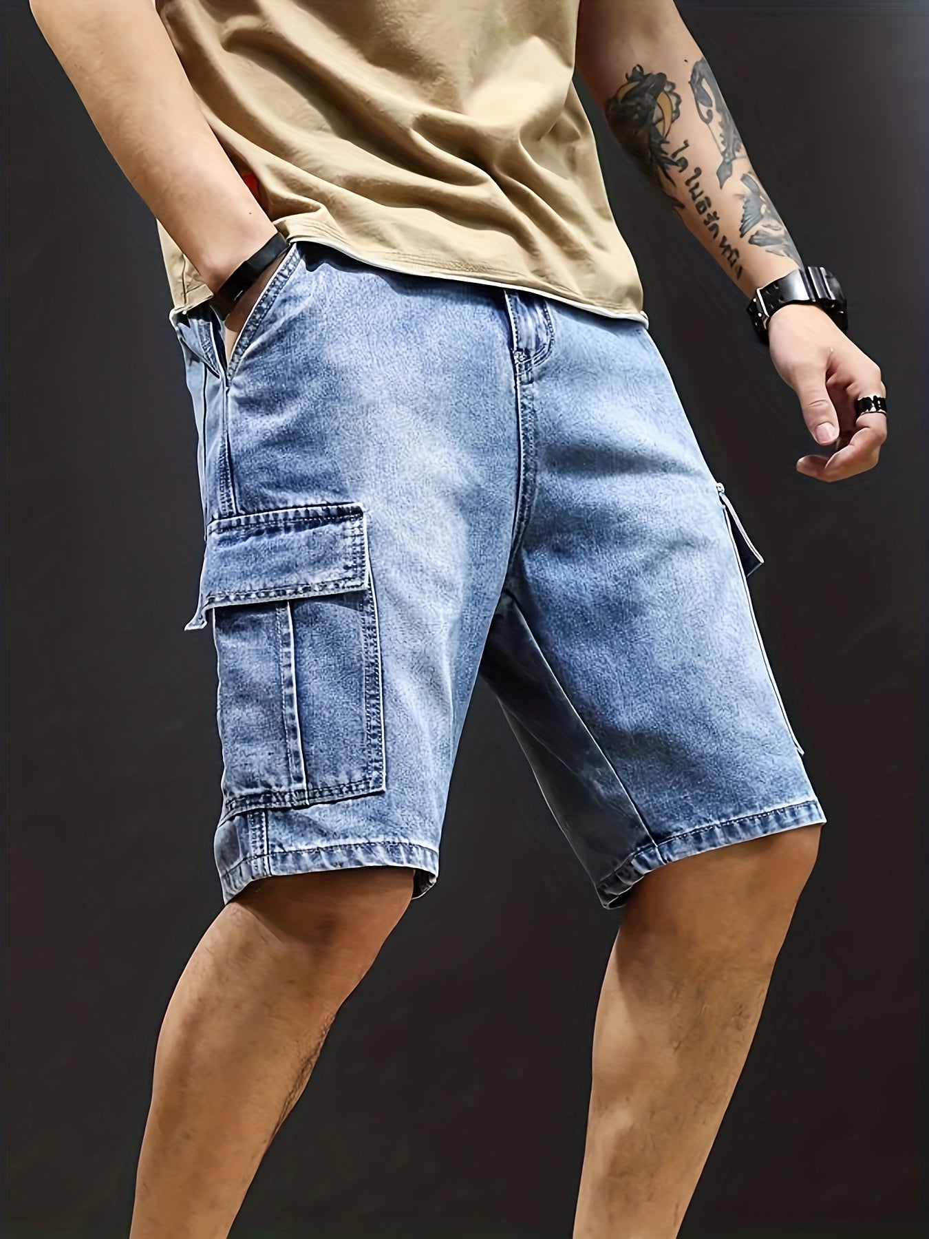 Heren Cargo Shorts Giel Blauw Denim Zomerbroek