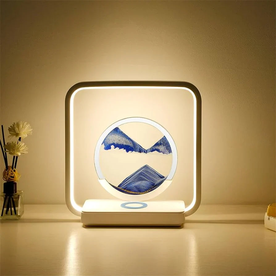 Zandkunst Nachtlamp met Draadloze Oplaadplek – Sierlijk Bewegend Zand & LED-Verlichting voor Slaapkamer Bureau Decoratie