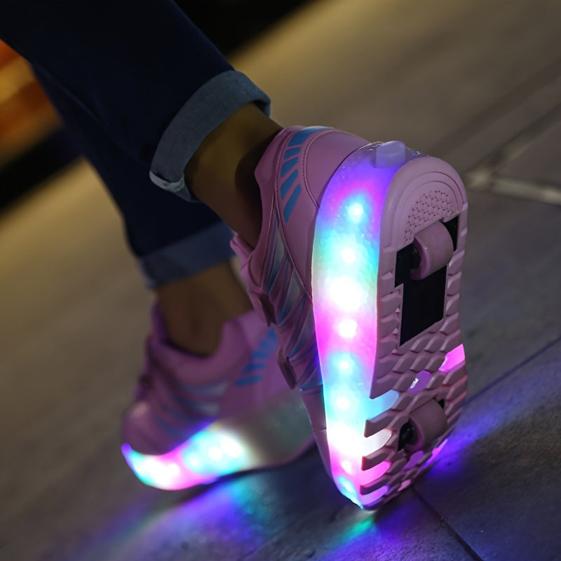 Roller sneakers kinderen LED kunstleer roze met wieltjes afneembaar schoenen skates lichtgevende kinderschoenen