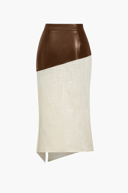Asymmetrische Midirok van Kunstleer en Linnen Zwart Elegant