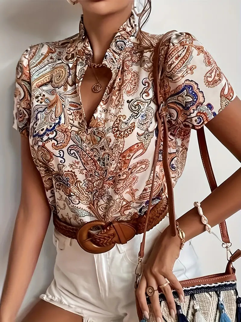 Vrouwelijke Blouse Rond Hals Paisley Print