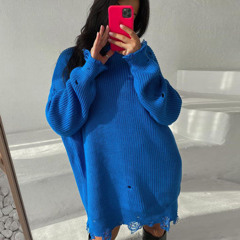 Dames Trui Oversized Ronde Hals Destroyed Effect Modieus