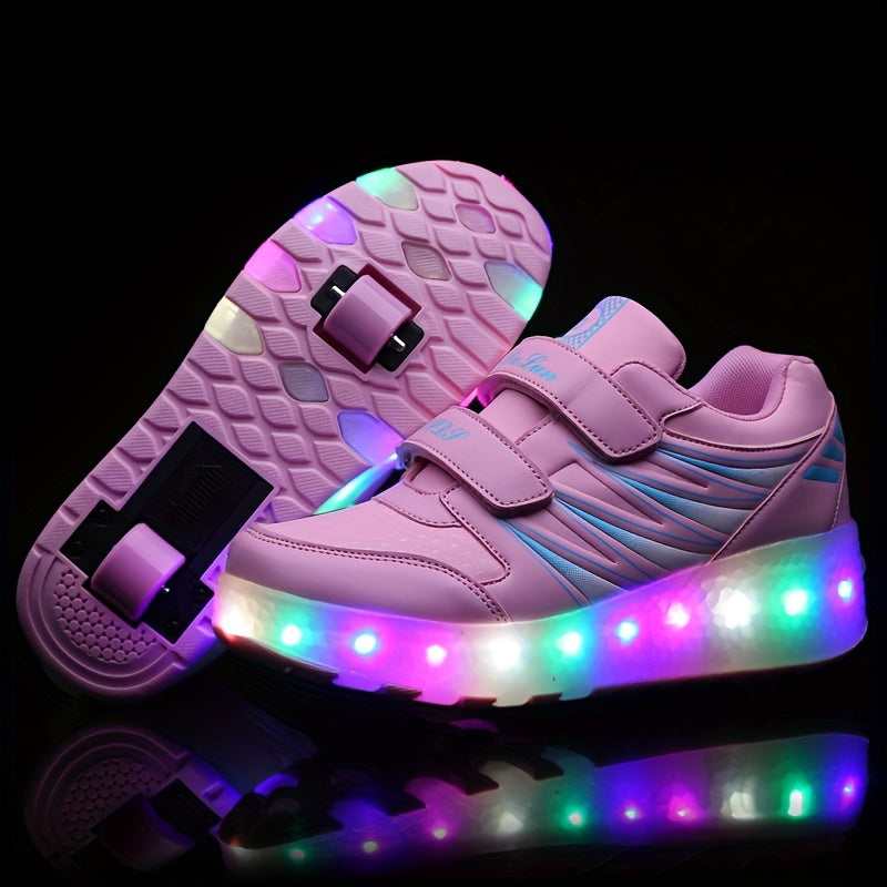 Roller sneakers kinderen LED kunstleer roze met wieltjes afneembaar schoenen skates lichtgevende kinderschoenen