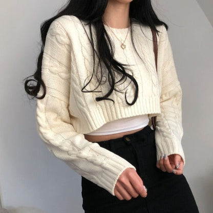Dames Trui Kabelpatroon Cropped Ronde Hals Trendy