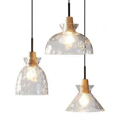 Glazen Hanglamp met Geslepen Koepel en Houten Accenten – Rustieke Eethoekverlichting