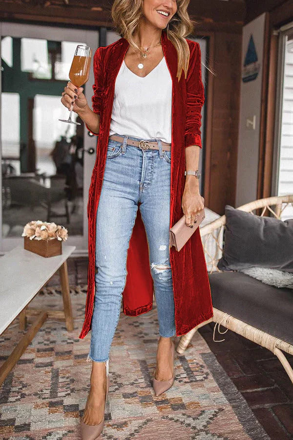 Zwarte Fluwelen Cardigan Lange Warm Elegante Look